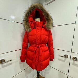 Women's Red puffer Jacket with Fur Hood